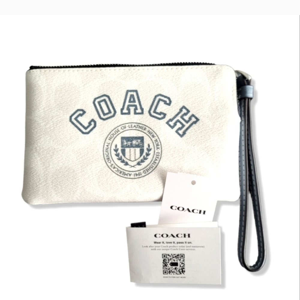 Corner Zip Wristlet In Signature Canvas With Varsity Motif Blue & White, NWT - Picture 3 of 5